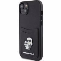 Karl Lagerfeld Saffiano Cardslots Karl&Choupette Metal Pin Viedtālruņa apvalks iPhone 15 - melns