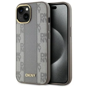 DKNY Ādas rūtainais mono raksts Magnētiskais viedtālruņa apvalks iPhone 15 Plus - bēša
