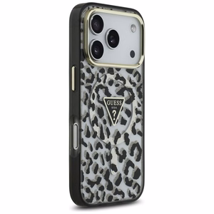 Guess leoparda spīdīgs magnētiskais viedtālruņa apvalks iPhone 17 Pro melns