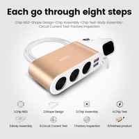 Auto cigarešu aizdedzinātāja ligzdas sadalītājs B08 - 3 ligzdas + 2xUSB - 3,1A 120W ar displeju un kabeli zeltains