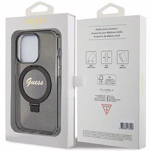 Guess viedtālruņa apvalks ar statīvu Ring Stand Script Glitter magnētiskais iPhone 15 Pro Max - melns
