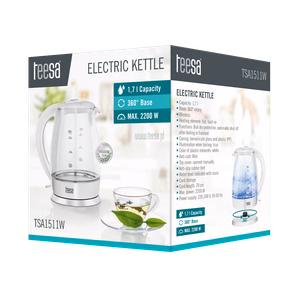 TEESA elektriskā stikla tējkanna, 2200 W, balta, 1,7 l