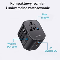 USAMS Adapter siec 2xUSB+1xUSB-C T59 20W 4w1 US/AU/EU/UK melns CC179TC01 (US-CC179) Universal Ceļojuma lādētājs