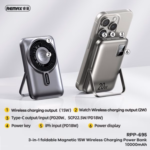 REMAX 3w1 portatīvais lādētājs 10000mAh 15W RPP-695 ar salokāmu statīvu, pelēks