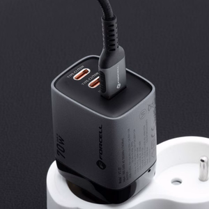 FORCELL F-ENERGY GaN III VT-37 ceļojuma lādētājs ar digitālo indikatoru 2 x Type C + USB A PD QC4.0 SAM SFC2.0 3,45A 70W pelēks