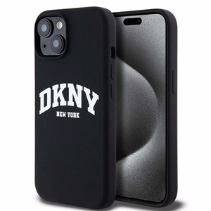 DKNY apvalks no šķidrā silikona MagSafe viedtālrunim iPhone 15 / 14 / 13 ar balto logotipu - melns (m)