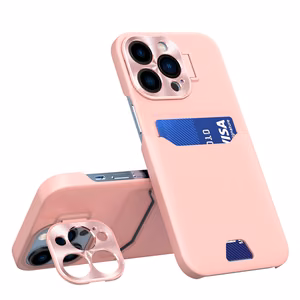 Ādas viedtālruņa apvalks ar statīvu iPhone 14 Pro, kartīšu maciņa tipa, rozā