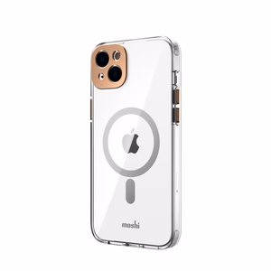 Moshi iGlaze vāciņš ierīcei iPhone 14 Plus, saderīgs ar MagSafe, caurspīdīgs ar “Sunset Gold” krāsas detaļām