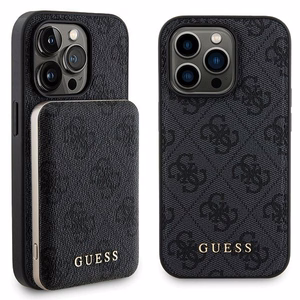Guess 4G Metal Logo viedtālruņa apvalks komplekts iPhone 14 Pro Max + 5000mAh Magnētiskā portatīvais lādētājs - melna