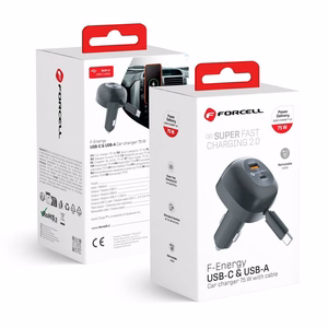 Car charger Forcell F-Energy Alu USB C + USB A + retractable cable USB C PD QC4.0 SFC2.0 3A 75W black