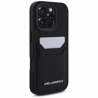 Karl Lagerfeld HC Graudainā PU viedtālruņa apvalks ar kartes slotu un metāla Elong iPhone 16 Pro - melns