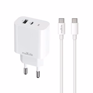 Maxlife MXTC-06-30AC PD QC charger 1x USB-C 1x USB 30W white + USB-C - USB-C cable 60W