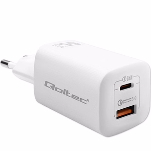Qoltec 50765 mobilo ierīču lādētājs klēpjdatoram, portatīvajai spēļu konsolei, portatīvajam lādētājam, viedtālrunim, viedpulkstenim, planšetdatoram balts AC ātrā uzlāde