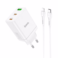 Lādētājs Hoco 2 x USB C + USB A QC3.0 PD 3A 35W N33 + Kabelis USB C uz Lightning N33 balts