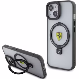 Ferrari FEHMP15SUSCAK iPhone 15 6.1" melns/melns cietais apvalks ar gredzena statīvu 2023 kolekcija Magnētiskais