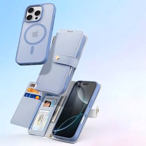 Dux Ducis Lawa ādas apvalks iPhone 16 Pro Max ar noņemamu magnētisko maku - zils