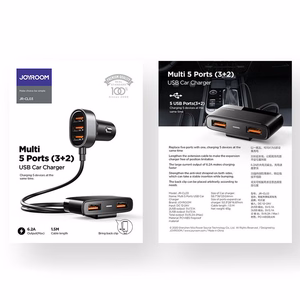 Joyroom ātrais automobiļu lādētājs ar 5 USB pieslēgvietām, 6,2 A, ar pagarināšanas kabeli, melns (JR-CL03)