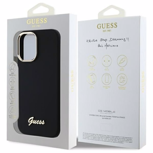 Guess silikona Script Metal logo & rāmja futrālis iPhone 16 - Melns