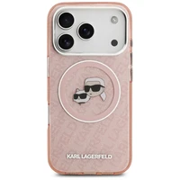 Karl Lagerfeld IML mirdzošais Karl & Choupette galvu logotipa magnētiskais viedtālruņa apvalks iPhone 17 Pro - rozā