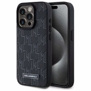 Karl Lagerfeld Ādas monogramma Metāla logotips Magnētiskais viedtālruņa apvalks iPhone 15 Pro - melns