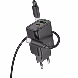Viedtālruņa lādētājs Hoco USB A + USB C QC3.0 PD 3A 20W + kabelis USB C uz USB C N61 melns