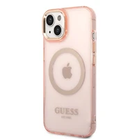 Guess GUHMP14SHTCMP iPhone 14 6.1" rozā cietais viedtālruņa apvalks ar zelta kontūru, caurspīdīgs, magnētiskais (MagSafe)