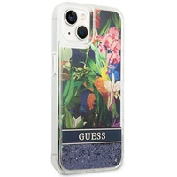 Guess GUHCP14SLFLSB iPhone 14 6.1 "zils cietais apvalks Flower Liquid Glitter