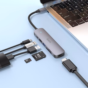 Adapteris HB28 Type-C multifunkcionālais pārveidotājs HDMI+USB3.0+USB2.0+USB2.0+SD+TF+PD pelēks