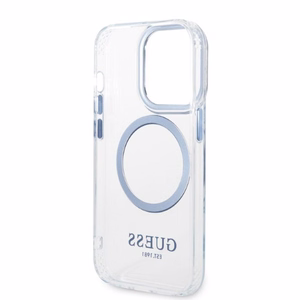 Guess GUHMP14XHTRMB iPhone 14 Pro Max 6.7" zils cietais viedtālruņa apvalks ar metāla kontūru, magnētiskais (MagSafe)