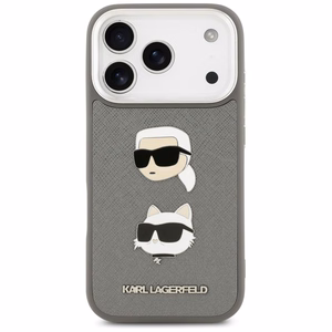 Karl Lagerfeld FW Grained Karl & Choupette Heads Pins & Logo viedtālruņa apvalks iPhone 17 Pro - pelēks