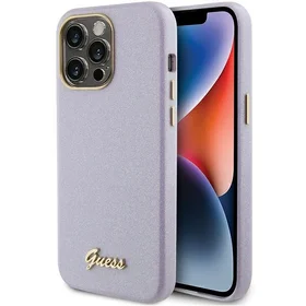 Guess Mirdzošs glancēts uzraksts apvalks iPhone 15 Pro - ceriņkrāsas