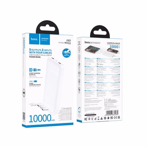 Portatīvais lādētājs Hoco 10000 mAh 2A ar četriem iebūvētiem kabeļiem USB A + USB C + Lightning + Micro USB J163 balts