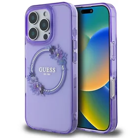 Guess IML Ziedu vainaga Magnētiskais viedtālruņa apvalks iPhone 16 Pro - violetains