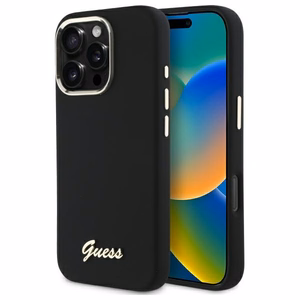 Guess silikona vāciņš ar metāla logotipu un metāla rāmi iPhone 16 Pro Max - melns