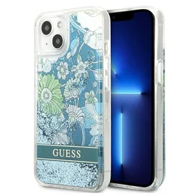 Guess GUHCP13SLFLSN iPhone 13 mini 5.4" zaļš/zaļš cietais viedtālruņa apvalks ar ziedu šķidro spīdumu