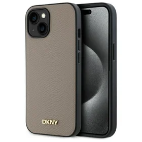 DKNY Grained Metal Logo Magnētiskais iPhone 15 viedtālruņa apvalks - bēšs