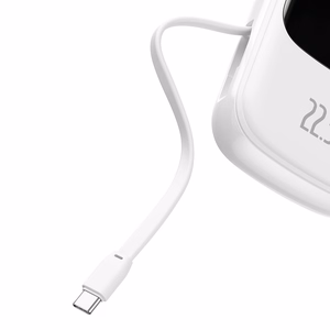 Baseus Qpow ar digitālo indikatoru portatīvais lādētājs ar ātru uzlādi 20000mAh 22.5W QC/PD/SCP/FCP ar iebūvētu USB-C kabeli balta