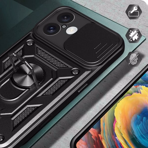 Hybrid Armor Camshield bruņots viedtālruņa apvalks iPhone 16 Plus ar kameras vāciņu un statīvu - melns