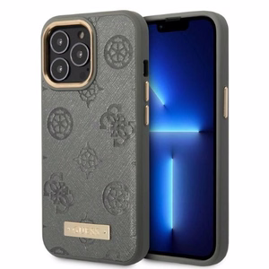 Guess GUHMP13LSAPSTG iPhone 13 Pro / 13 6.1" pelēks/pelēks cietais viedtālruņa apvalks Peony Logo Plate Magnētiskais MagSafe