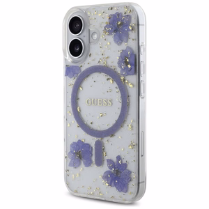 Guess Resin Flowers Glitter MagSafe iPhone 16 viedtālruņa apvalks (m) - violets