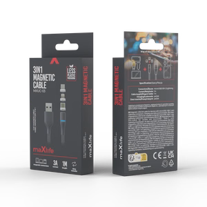 Maxlife MXUC-03 magnētiskais kabelis USB - Lightning + USB-C + microUSB 1,0 m 3A melns neilons