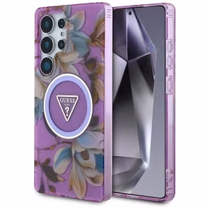 Guess Glitter Flowers Triangle Buttons MagSafe case for Samsung Galaxy S25 Ultra - purple
