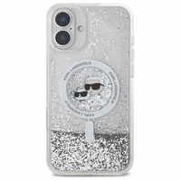 Karl Lagerfeld Liquid Glitter Karl & Choupette Head Magnētiskais iPhone 16 Plus viedtālruņa apvalks - caurspīdīgs