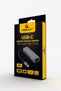 Gembird USB-C Gigabit tīkla adapteris ar 3 portu USB 3.1 centrmezglu
