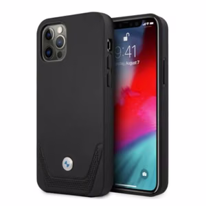 BMW Ādas perforēts viedtālruņa apvalks iPhone 12 Pro Max - melns