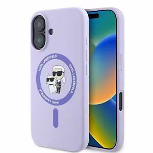 Karl Lagerfeld silikona magnētiskais viedtālruņa apvalks iPhone 16 Plus ar Karl & Choupette galvu gredzenu - violeta
