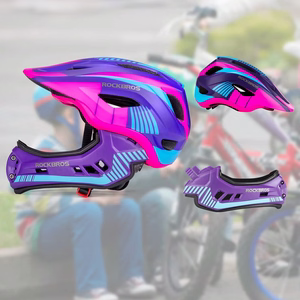 Rockbros TT-32SBPP-S bērnu velosipēda ķivere ar noņemamu zoda aizsargu izmērs S - violeta-rozā