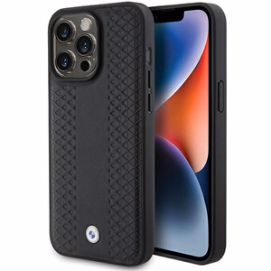 BMW ādas dimanta raksta viedtālruņa apvalks iPhone 15 Pro - melns