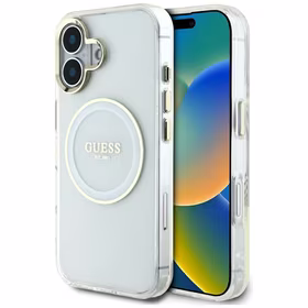 Guess IML Metal Colored Circle Classic Logo Magnētiskais viedtālruņa apvalks iPhone 16 - balts