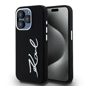 Karl Lagerfeld Silikona Metal Script Logo viedtālruņa apvalks iPhone 15 Pro - melns